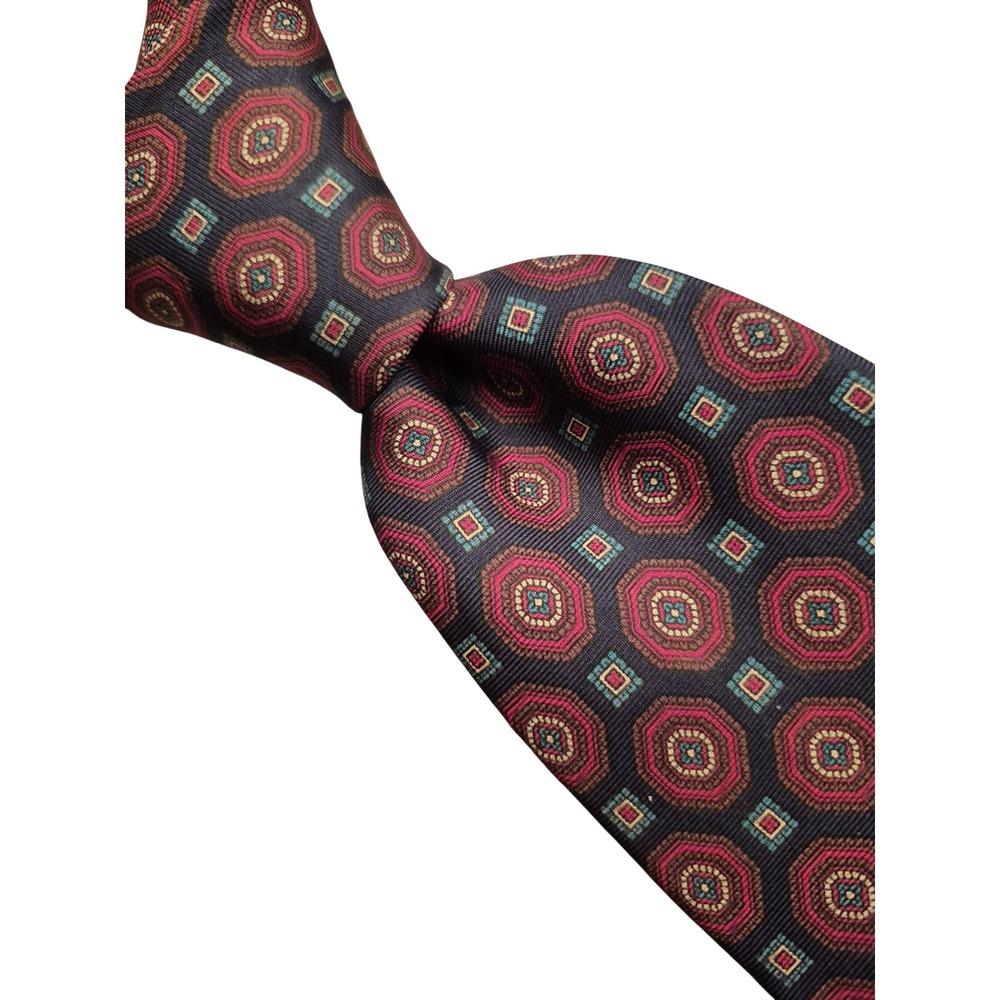 Oscar de la Renta Couture Silk Tie Navy Burgundy Geometric Medallion Pattern VTG